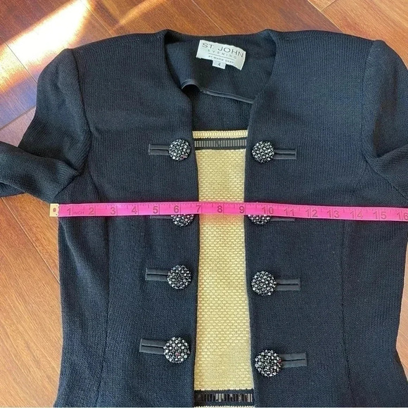 St. John Evening Marie Gray Jacket Blazer Jeweled Black Metallic Gold Shoulder - Picture 14 of 14